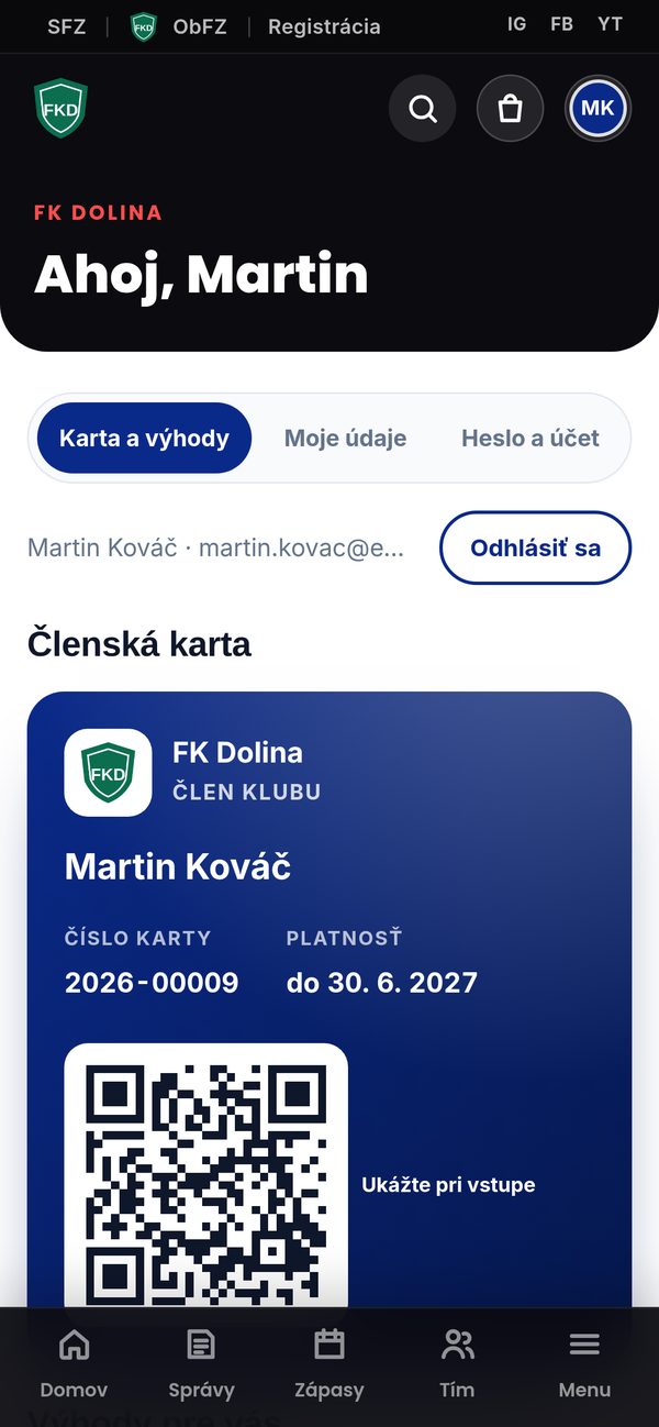 Účet Môj klub s členskou kartou na mobile